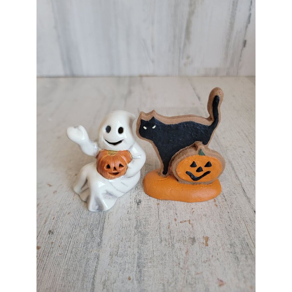 Vintage gingerbread cat cookie ghost figurine pumpkin village accessory figure H